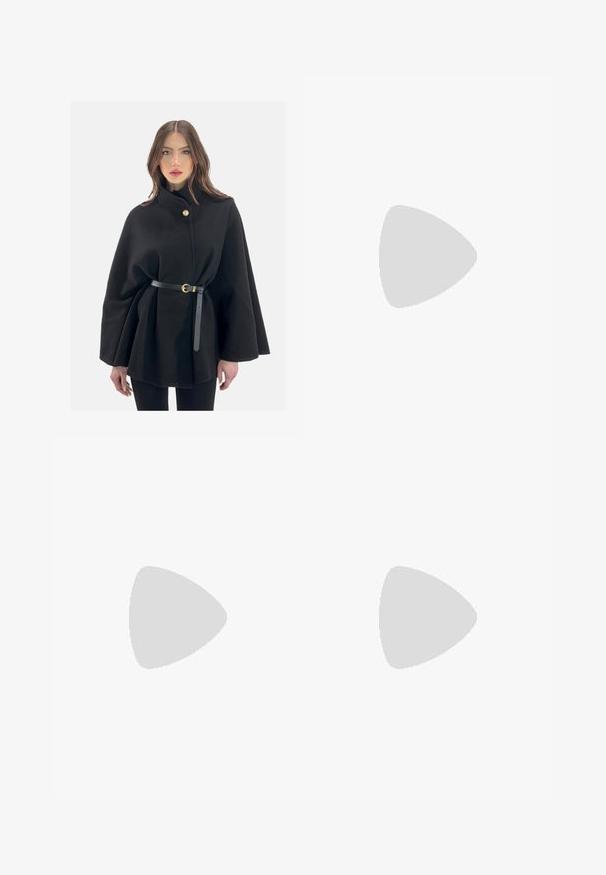 Elara BOLERO - Poncho - schwarz; Top blanco de manga larga y cuello alto, confeccionado en una tela suave y elástica. Presenta un diseño ajustado, sin patrones o adornos visibles.; Jeans de pernera ancha en azul claro, elaborados en denim, con cintura alta, diseño de cinco bolsillos y un ligero desvanecimiento que les da un aspecto usado.; Zapatillas de plataforma blancas hechas de material sintético suave, con punta redondeada, diseño de cordones y suela de goma texturizada. Acento en el talón negro.