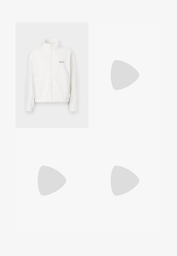 White zip-up fleece jacket with a high collar, featuring a smooth texture and embroidered logo on the left chest. Lightweight and boxy fit.; White cotton t-shirt with a round neck and short sleeves. Features a small red "PEGADOR" logo on the front. Soft texture, relaxed fit.; Light blue straight-leg jeans made of denim, featuring five pockets, a button and zip closure, and subtle fading on the fabric.; Black leather athletic shoe with a quilted design, rounded toe, lace-up front, and rubber sole. Features subtle branding on the side.