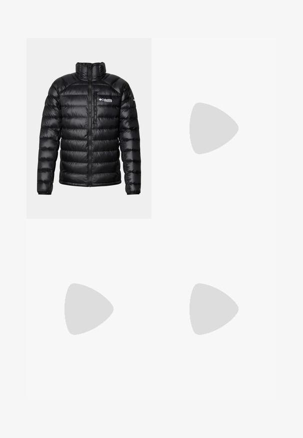 Black puffer jacket with a high collar, zippered front, and logo on the chest. Features quilted, glossy panels and elastic cuffs.; Long-sleeve shirt in charcoal gray cotton, featuring a crew neck and subtle logo on the left chest with cuffed sleeves.; Black athletic pants made from lightweight fabric, featuring a drawstring waistband, side pockets, and tapered cuffs at the ankles.; Black hiking shoes with a mesh upper, textured accents, a cushioned sole, and a prominent logo. Features a secure lace system and pull tab.; Black backpack with a rounded top, made from durable fabric. Features side mesh pockets and a rain cover label at the bottom.