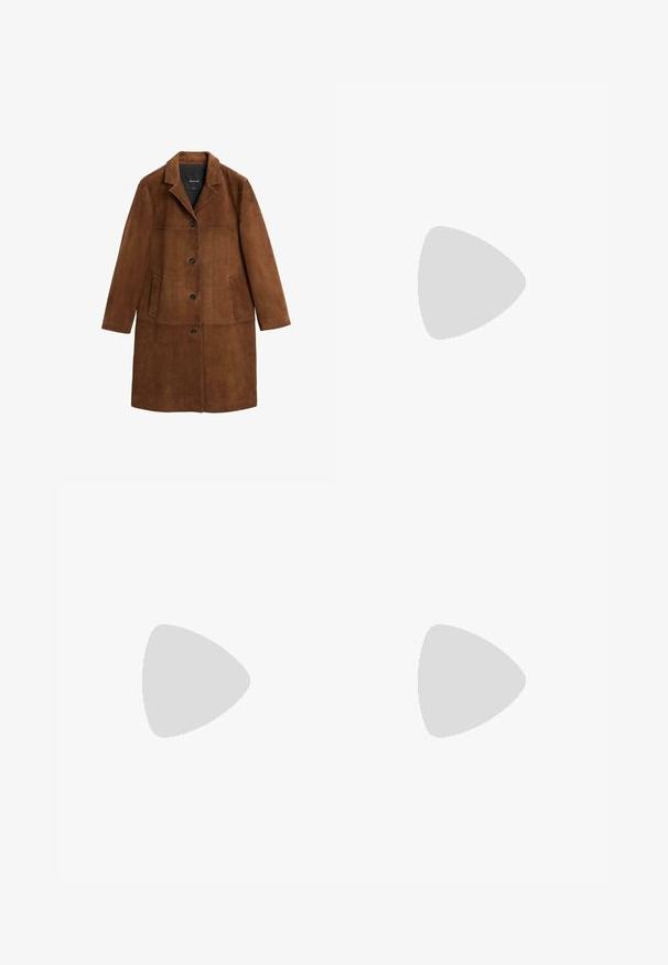Cappotto in suede marrone con colletto a rever, chiusura a bottoni e due tasche laterali. La texture è liscia con una finitura opaca.; Maglietta nera a maniche corte con scollo a V, dal design semplice e aderente, su sfondo bianco.; Gonna midi A-line grigia realizzata in un tessuto misto lana texturizzato. Presenta una vita alta e una silhouette ampia e fluttuante.; Stivale alla caviglia in pelle marrone con un design elegante, punta affusolata e tacco quadrato. Texture liscia e silhouette minimalista.