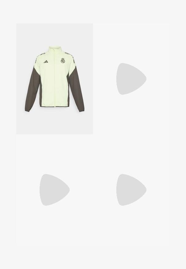 Veste Adidas avec un corps vert clair et des manches marron foncé. Comprend un col haut, une fermeture éclair sur le devant et un logo sur la poitrine.; T-shirt à manches courtes vert clair avec des accents gris foncé, présentant le logo de l'équipe sur la poitrine, fabriqué à partir d'un matériau respirant avec technologie d'évacuation de l'humidité.; Shorts de sport noirs avec une taille élastique, présentant des bandes latérales jaune fluo et un logo turquoise, texture lisse et coupe standard.; Chaussure de soccer en violet et vert, avec un design épuré, un dessus texturé avec des motifs en rayures, et une semelle translucide.