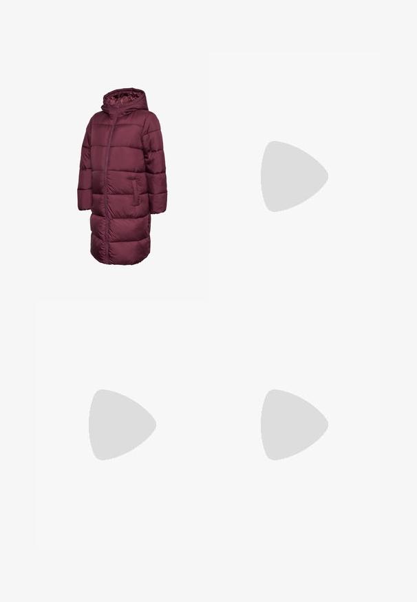 Maroon puffer coat with a hood, featuring a long design, zip closure, and two side pockets. Smooth, quilted texture throughout.; Light blue striped button-up shirt with long sleeves, two chest pockets, and roll-up sleeves secured by buttons. Soft, lightweight fabric.; Maternity jeans made of dark blue denim, featuring a grey elastic belly panel, straight leg design, and front pockets with metallic accents.; White sneaker with a smooth synthetic upper, perforated toe box, flat laces, and a textured sole, displayed on a wooden surface.