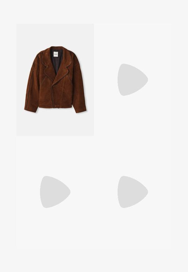 Brown suede jacket featuring a notched collar, oversized fit, double-breasted closure, and contrasting piping along the seams.; White cotton t-shirt with short sleeves, round neckline, relaxed fit, and stitched hem. Label visible on the inside neck.; Beige tailored trousers with a straight-leg design, made from lightweight fabric. Features front pleats and a classic waistband.; Black leather ankle boot with elastic side panels, round toe, gold hardware accent at the front, and a rugged, textured sole.