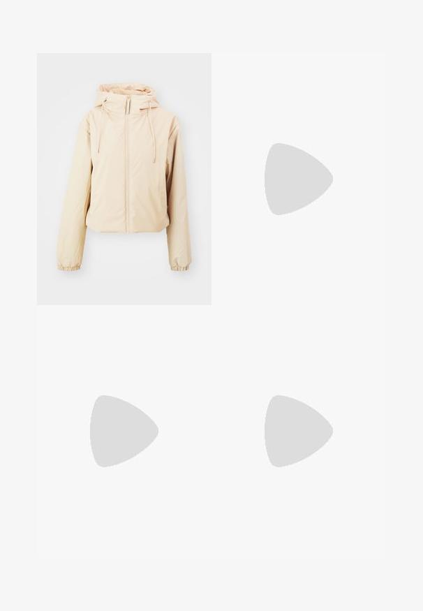 Cropped beige jacket with a hood, front zipper, and elastic cuffs. Smooth texture with drawstrings at the neckline for adjustment.; Gray crewneck sweatshirt made of cotton, featuring a small blue and white bird embroidery on the left chest and ribbed cuffs.; Light purple windbreaker pants with an elastic waistband, side zippers, and drawstring hems; made from lightweight, water-resistant material.; Nike Air Max 90 sneakers in beige and black, featuring mesh and leather materials, visible cushioning, and black laces.