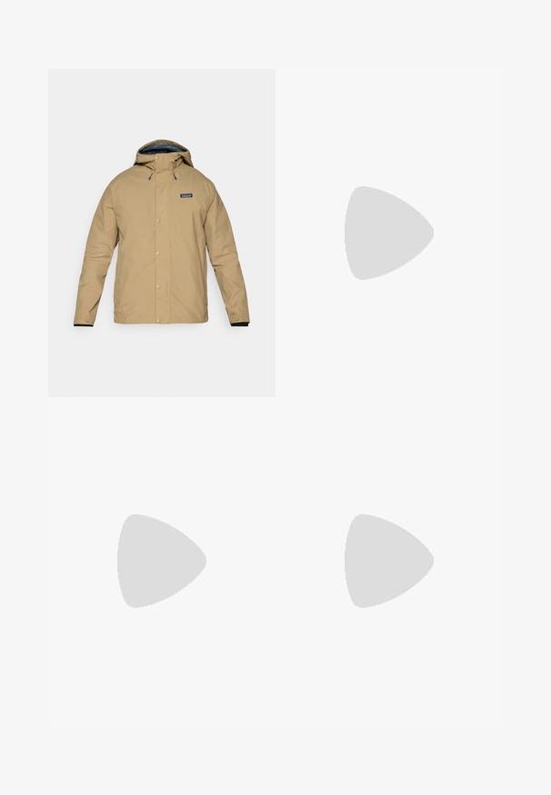 Beige waterproof jacket with a hood, snap buttons, and a black inner lining. Features a logo patch on the left chest and adjustable cuffs.; Gray short-sleeve t-shirt made of soft, textured fabric featuring a small blue Patagonia logo on the left chest. No additional patterns.; Gray shorts made of lightweight fabric with an elastic waistband and drawstring. Features a smooth texture and above-knee length.; Black athletic shoes featuring a textured upper, thick cushioning, and a rugged sole. HOKA logo visible, with vibrant yellow accents.