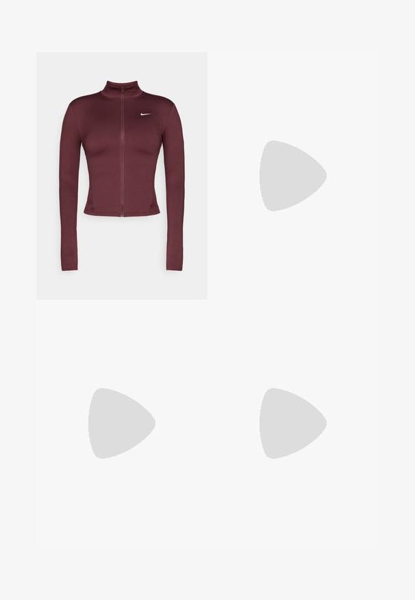 Bordeaux urheilullinen vetoketjupaita, jossa on korkea kaulus, pitkät hihat ja kapea muotoilu. Sisältää pienen valkoisen Nike-logon vasemmalla ylhäällä.; Lyhythihainen, pyöreäkauluksinen valkoinen t-paita, joka on valmistettu ribbitetusta kankaasta; rinnassa pieni musta Nike-logo.; Mustat urheilushortsit, joissa on kootut joustovyötärö, vuori ja valkoinen Nike-logo vasemmassa alakulmassa. Suoraviivainen, kevyt kangas.; Valkoiset ja harmaat urheilukengät, joissa on teksturoitu kangas, pehmustettu varsi ja kumipohja. Varustettu sivulogolla ja kolmiulotteisilla yksityiskohdilla päällä.