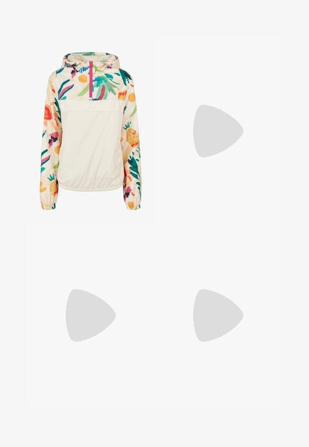 Lengvas, kreminės spalvos megztinis su gėlėmis ryškiomis spalvomis. Savybės: priekinis užtrauktukas, kapišonas ir elastingi rankogaliai, užtikrinantys tvirtą tinkamumą.; Mėlyna trumpomis rankovėmis marškinėliai, puošti ryškiais drugelių motyvais įvairiomis spalvomis, su dideliu baltu logotipu priekyje ir apvaliu iškirpimu.; Jūriniai flared leggingai, pagaminti iš tamprios medžiagos, su baltais šonų juostelėmis ir Adidas logotipu kairėje klubo pusėje. Slydus paviršius, aukšta talija.; Baltas sportinis batelis su tinklelio viršumi, trimis juodomis juostelėmis šone, tekstūruotais akcentais ir tvirtu guminio pado su kontrastinga juoda dalimi.