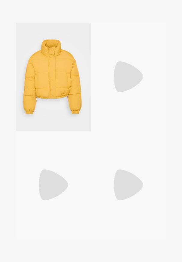 Yellow cropped puffer jacket with a high collar, featuring a quilted design, elasticated cuffs, and a drawstring hem for adjustable fit.; Two fitted T-shirts: one cream and one black. Made from soft, textured cotton, featuring short sleeves and a round neckline.; Black wide-leg pants made of a smooth fabric, featuring a flat front, belt loops, and no visible pockets. Clean, tailored design.; Black suede platform sandals with a chunky white sole, wide front strap, and adjustable ankle buckle. Textured outsole for grip.