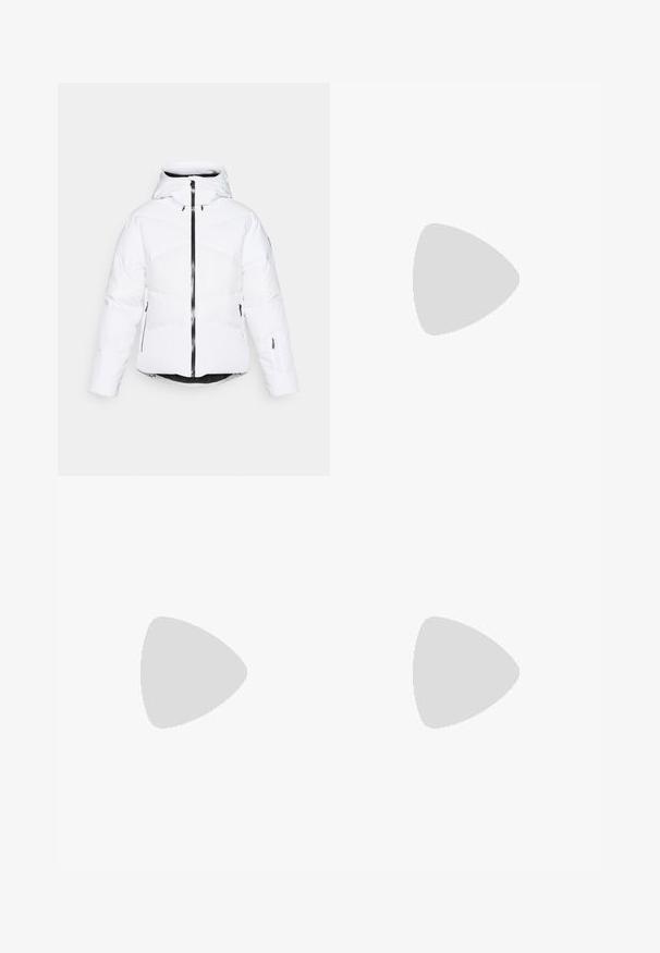 Chaqueta acolchada blanca con capucha, que cuenta con un cierre frontal con cremallera, acentos negros y patrones de acolchado en diagonal en el pecho y las mangas.; Jersey de punto en crema con un patrón de zigzag en lila claro y verde en el cuello. Presenta pequeños corazones azules y puños acanalados.; Columbia BREA FALLS™ COTTON RIPSTOP PANT - Pantalones montañeros largos - black; Columbia REDMOND - Zapatillas de senderismo - black/citron haze