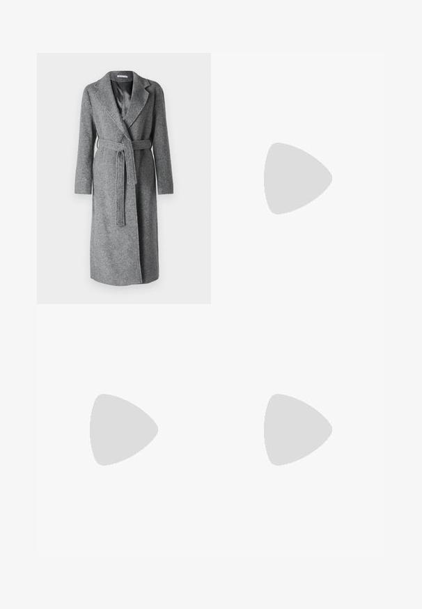 Grau wollene Wickelmantel mit Reverskragen, langen Ärmeln und einem Stoffgürtel. Glattes Innenfutter und mittellanges Design für sicheren Schutz.; FRAME DRESS - Etuikleid - black; Schwarze Leder-Ballettschuhe mit abgerundeter Spitze, glatter Textur, minimalen Nähdetails und einem flexiblen Sohlen-Design.; Schwarze Leder-Eimerhandtasche mit strukturierter Oberfläche, goldenen Hardware-Akzenten und offenem Design. Verfügt über einen kurzen Griff und einen verstellbaren Schultergurt.