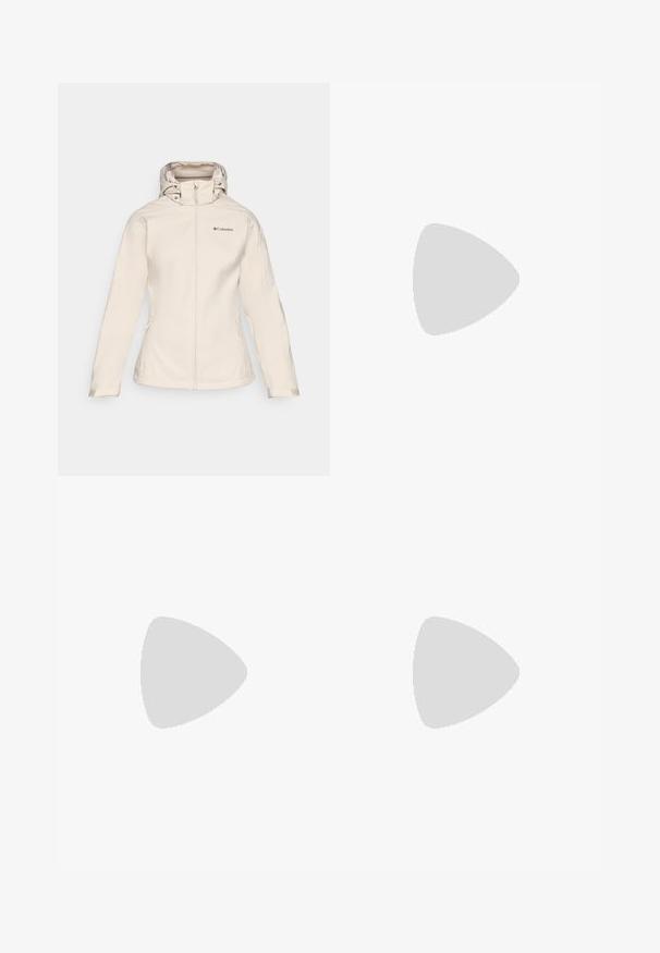 Damers beige softshell-jakke med glidelås foran, justerbar hette og to sidelommer. Har en glatt tekstur og subtil merkevare.; Rosa langermet genser med rund hals og hvit minimalistisk logo sentrert på brystet, vist på en enkel hvit bakgrunn.; Marineblå bukser laget av glatt stoff, med frontknappelukking, slim-fit design og pressede detaljer ved knærne.; Columbia PEAKFREAK - Fjellsko - black