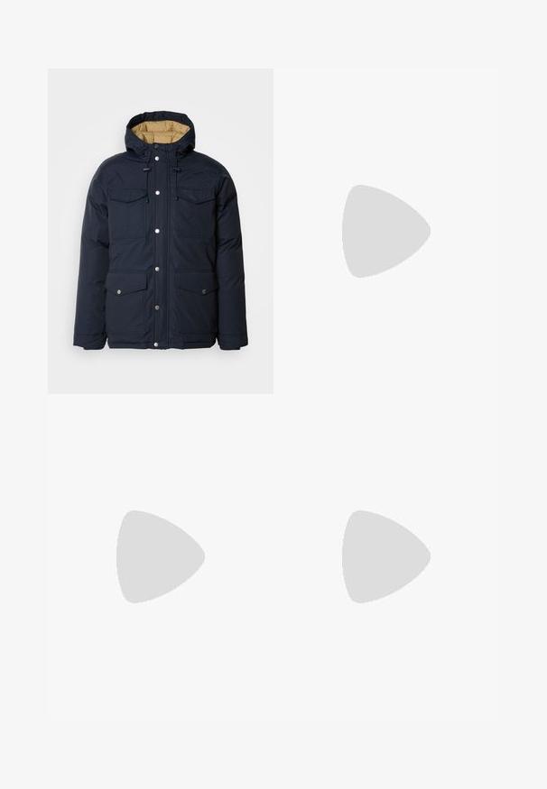 Schott BAIRON - Winter jacket - navy; Light grey long-sleeve crewneck sweatshirt with ribbed cuffs and hem, displayed flat on a plain background.; Beige denim jeans with a straight-leg cut, featuring five pockets, a button closure, and subtle stitching details. Smooth texture.; White sneakers with smooth texture, featuring brown leather accents and black detailing, paired with black tailored pants. Wooden floor background.