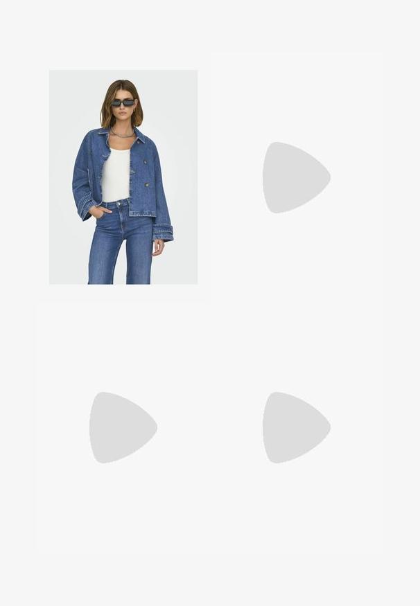 Denim jacket with a cropped design, light blue color, double-breasted buttons, and wide sleeves. Paired with a white top and blue jeans.; Black lace bodysuit featuring a tank top design, high neckline, and thong cut. The lace exhibits a floral pattern and textured finish.; Wide-leg denim pants in medium blue with a high waist, featuring a drawstring, five pockets, and contrasting stitching details.; adidas Originals SAMBA OG UNISEX - Trainers - footwear white/core black/granit