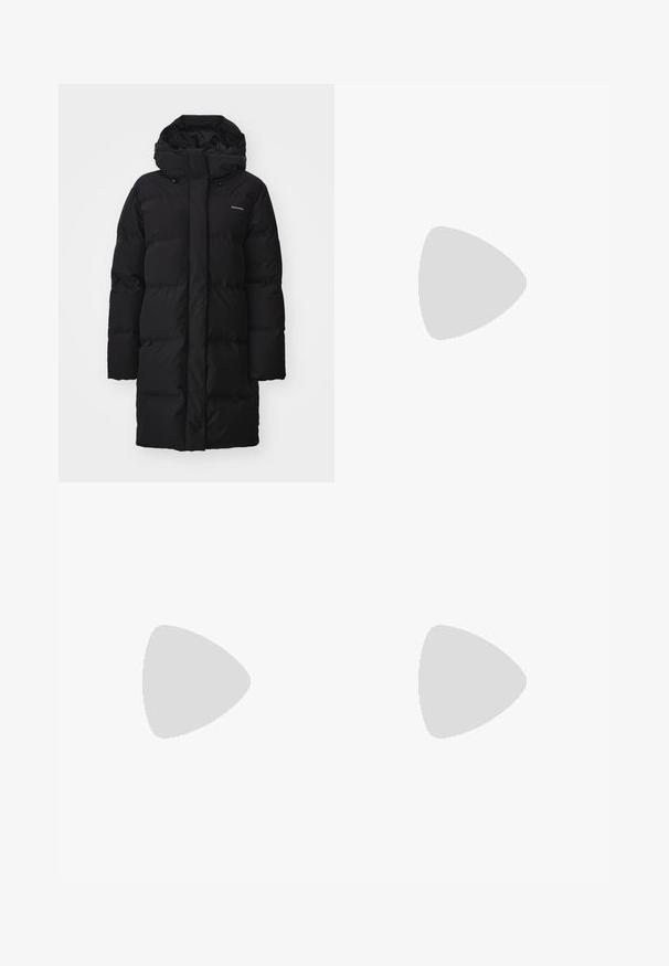Black puffer coat with a high collar and adjustable hood, featuring quilted sections and a logo on the upper left side. Long sleeves and straight fit.; Black sleeveless top with ribbed texture, round neckline, fitted shape, and a smooth finish. Lightweight knit fabric.; Black high-waisted jeans with a straight leg cut. Features classic five-pocket design and silver hardware. Textured denim fabric.; Black leather knee-high boots with a smooth texture, square toe, block heel, and side pull tab, featuring minimal stitching details.