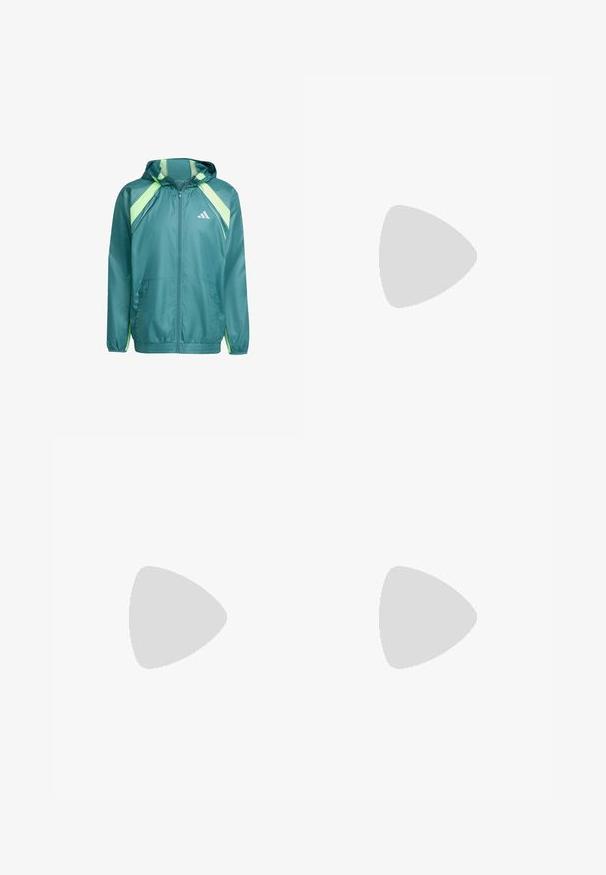adidas Performance Windbreakers - preloved teal   lime burst; Hvid kortærmet t-shirt fremstillet af stof med en glat tekstur. Har et sort adidas-logo på venstre bryst og en mønstret krave.; Lys turkise sports-shorts med elastisk talje, sidelommer i net og et lille logo på den nederste front. Glat tekstur og afslappet pasform.; adidas Performance ADIZERO SELECT 3.0 - Basketsko - lucid blue/core black/metallic