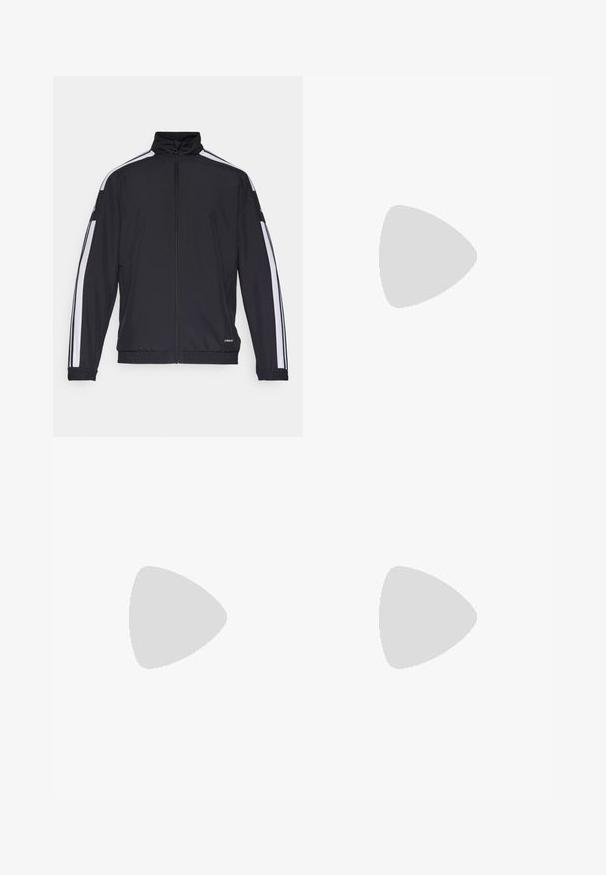 Schwarze Sportjacke mit hohem Kragen, Reißverschluss und weißen Seitenstreifen. Mit elastischen Bündchen und einem Logo am Saum. Leichtes Material.; Schwarzes Baumwoll-T-Shirt mit kurzen Ärmeln, Rundhalsausschnitt und einem weißen Logo auf der linken Brust. Glatte Textur und einfaches Design.; Graue Sporthose mit rosa seitlichen Akzenten, slim fit, elastischem Bund und schwarzen vertikalen Streifen nahe den Knöcheln. Hergestellt aus glattem, dehnbarem Material.; Schwarzer Sportschuh mit einem Mesh-Design, ausgestattet mit weißen Streifen, einer runden Zehenpartie und einer strukturierten Sohle für Grip und Unterstützung.