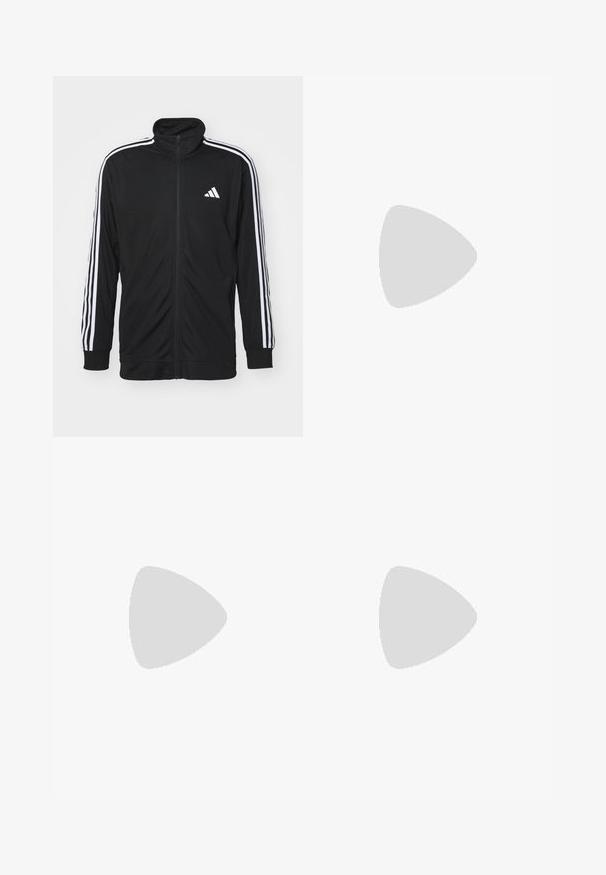 Veste de survêtement noire zippée en tissu lisse, avec des bandes latérales blanches et un petit logo blanc sur la poitrine.; T-shirt en coton bleu avec un col rond, des manches courtes, et un logo Adidas blanc sur le côté gauche de la poitrine. Texture lisse, design décontracté.; Shorts de sport noirs fabriqués en tissu doux, dotés d'une taille élastique avec cordon de serrage et de deux poches avant. Texture lisse, coupe à hauteur des genoux.; Bottines Chelsea en cuir noir avec finition lisse, panneaux latéraux élastiques, bout arrondi et semelle en caoutchouc épaisse, positionnées au-dessus d'une surface en bois.