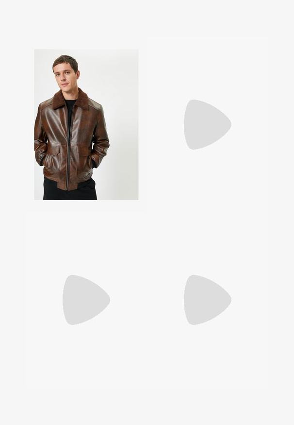 Veste en cuir marron avec un col en fourrure marron, fermeture éclair à l'avant, deux poches à l'avant et une coupe ajustée. Texture lisse avec une finition brillante.; Haut à capuche en molleton noir avec une finition texturée, dotée d'une poche kangourou à l'avant et d'un logo sur la poitrine. Design avec capuche et poignets élastiques.; Pantalons noirs à coupe décontractée, avec des plis à l'avant, des poches latérales et une fermeture à bouton. Fabriqués en tissu texturé.; Baskets blanches en cuir, à tige basse, avec un bout rond, une semelle en caoutchouc blanc plate et des détails de couture minimalistes. Lacets maintenus par six œillets.