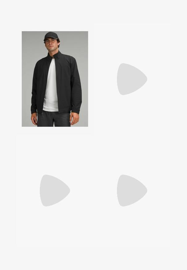 Čierna ľahká bunda so stojatým golierom, elastickými manžetami a zipsovým zapínaním, nosená cez bielu textúrovanú košeľu. Jednoduchý dizajn a strih.; Poloko v svetlej béžovej a krémovej farbe, s krátkymi rukávmi, trojpoľovou légou a kontrastnými ramennými panelmi, vyrobené z hladkej tkaniny.; Biele športové šortky z ľahkej tkaniny s elastickým pásom, obsahujúce dve bočné vrecká a malé čierne logo na leme.; Bežecké topánky Nike s bielou sieťovinou, čiernymi šnúrkami, oranžovou a čiernou podrážkou s bodkovaným detailom a priedušným dizajnom.