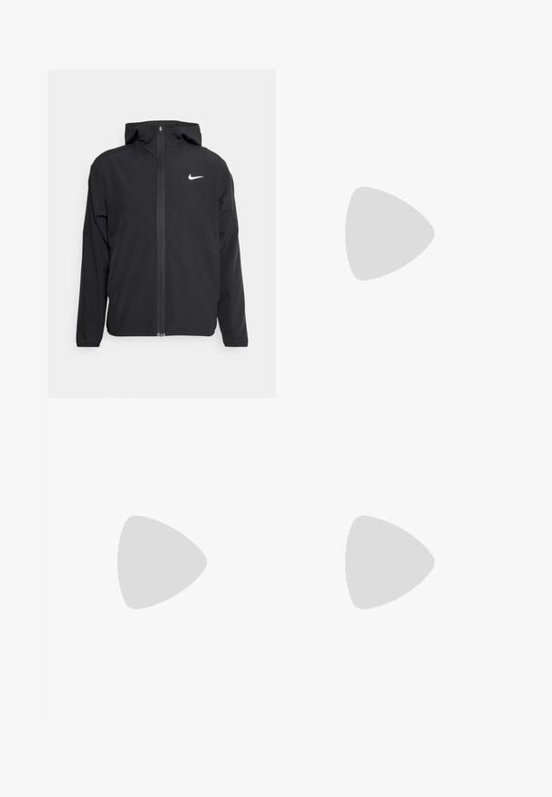 Black Nike jacket featuring a hood, full front zipper, and a subtle white logo on the left chest. Smooth texture and lightweight design.; Black short-sleeve Nike t-shirt made of smooth fabric, featuring a white swoosh logo on the upper left side, crew neckline.; Light gray athletic pants with elastic waistband, tapered legs, and black side stripes for added detail. Smooth, lightweight fabric.; Black athletic shoe with a breathable mesh upper, textured accents, and a wavy rubber sole. Features reflective logo and lacing system.