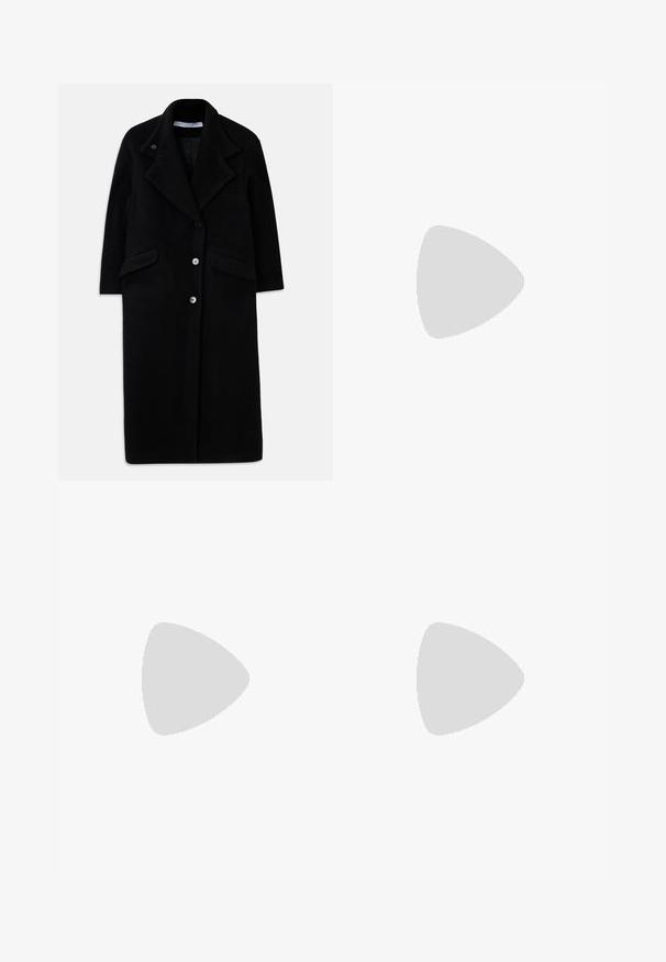 Long black wool coat with wide lapels, three front buttons, two flap pockets, and long sleeves.; Black sleeveless top made from soft cotton. Features a round neckline and standard hem. Simple design, no visible patterns or accents.; White cotton long-sleeve shirt with a pointed collar, button-front closure, and rounded hem. Smooth texture, regular fit, and no patterns.; Black tailored straight-leg trousers with belt loops, front crease, and hidden closure against a white background.; Black leather slingback shoe with a pointed toe, featuring a woven accent and pleated upper design. Flat sole with minimal hardware.