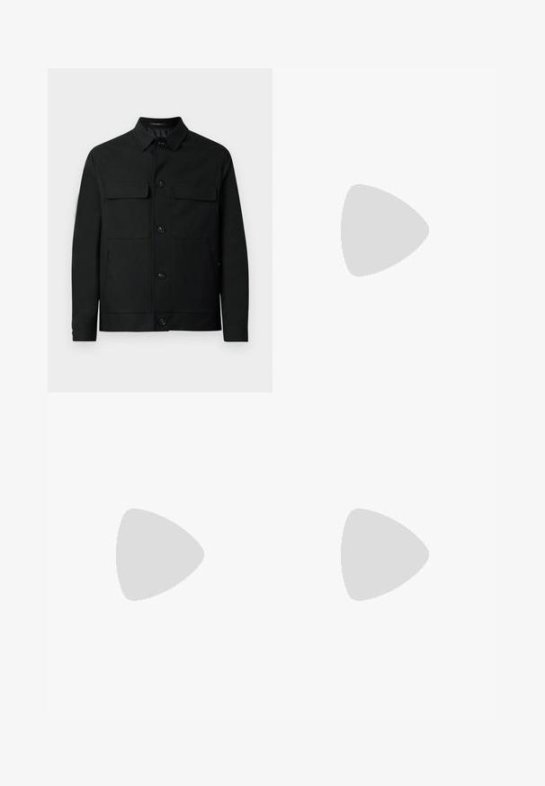 Black jacket made of smooth fabric, featuring a collared neckline, two chest pockets, and button closures down the front.; White long-sleeve button-up shirt made of smooth cotton. Features a classic collar, front placket with buttons, and a straight hem.; Tailored black trousers in a smooth fabric. Features a straight-leg design, front pleats, and belt loops for adjustable sizing.; Black leather loafer with a smooth finish, featuring a stitched design and a decorative metal chain accent across the vamp. Flat heel.