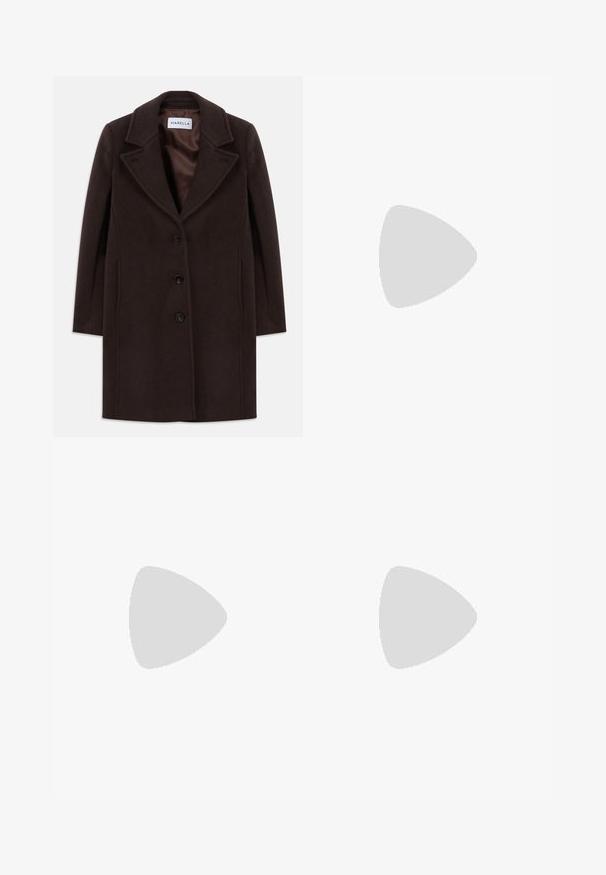 Dunkelbrauner Wollmantel in Knielänge mit drei schwarzen Knöpfen, weitem Reverskragen und glattem Satinfutter mit dem Etikett Marella.; Schwarzes Baumwoll-T-Shirt mit Rundhals, kurzen Kapuzeärmeln und geradem Schnitt. Glatte Textur mit minimalen Details.; Agolde LOW CURVE - Jeans Relaxed Fit - black tar; Schwarze Lederstiefelette mit spitzer Zehe und schlankem Design. Verfügt über einen niedrigen Absatz und einen Reißverschluss hinten. Glatte Textur.