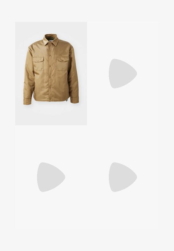 Brown, long-sleeve jacket with a button-up front, two chest pockets, and a collared neck. Made of smooth, lightweight material.; Navy blue short-sleeve T-shirt with white text "neanche per sogno" centered on the chest, crew neck, medium size.; Dark blue denim jeans with a straight leg design, featuring five pockets, a button closure, and contrasting stitching details.; Black leather men's loafer with a low heel and a classic penny strap design, shown in side profile on a white background.