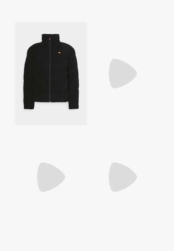 Black padded jacket with high collar, featuring a zip front and small multicolored logo on the chest. Textured fabric and structured fit.; White cotton t-shirt with short sleeves, featuring a navy blue embroidered logo on the left chest and a vibrant color accent above the logo.; Gray cargo pants with an elastic waist, button closure, two side pockets, and a small logo tag on the left side. Soft fabric and straight fit.; Black and green sneaker with a patterned mesh upper, white swoosh logo, padded collar, and a visible air cushioning unit in the sole.