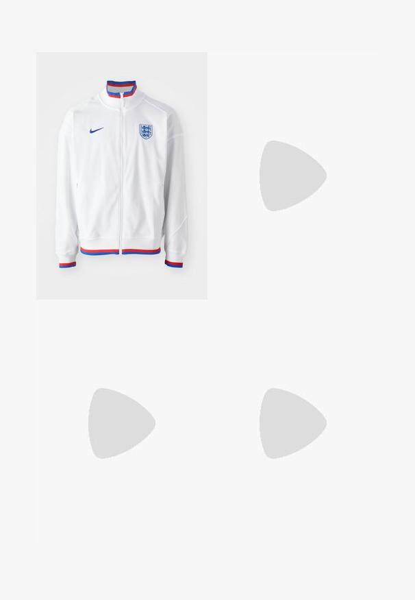 Balta Nike striukė su užtrauktuku, mėlynos spalvos akcentai ant logotipo ir apykaklės, bei raudoni ir mėlyni dryžuoti apvadai ant rankovių ir apačios.; Balta trumpa rankovėmis marškinėliai, pagaminti iš lygaus audinio. Turi apvalų kaklą ir mažą juodą Nike logotipą kairėje krūtinės pusėje.; Nike Performance CHALLENGER - Sportiniai šortai - jade horizon/medium olive/black/reflective silver; Balti sportiniai batai su žalia akcentu, juodu logotipu, tinklinė viršutinė dalis, paminkštintas padas ir suapvalintas kulnas. Yra raišteliai ir kontrastingos detalės.