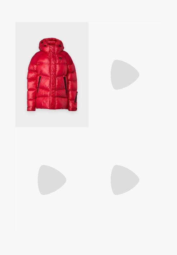 Blauer CROWN - Winter jacket - red; Grey crew-neck sweater made of soft knit fabric. It features long sleeves, ribbed cuffs and hem, and a small logo tag on the side.; Brown cotton chinos with a straight leg design, featuring a front button closure and side pockets. Smooth texture with a classic cut.; Lacoste sneakers in dark gray with mesh and synthetic material, featuring a textured sole and brown accents on the collar and branding.; Clear plastic sunglasses with rectangular brown lenses, featuring thin, transparent arms and metal accents on the temples.