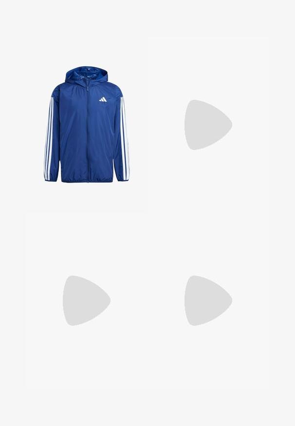 Marineblå letvægtsjakke med hætte, der har hvide tre-stribe accenter på hver arm og et lille hvidt logo på venstre bryst.; Hvid polo shirt lavet af åndbart stof med krave, med korte ærmer og et sort Adidas-logo på venstre bryst.; Hvide sweatpants lavet af blødt stof, med elastisk talje og snor, to sidelommer og tætsiddende ankler med ribkanter.; Letvægtige løbesko i lys blå med sorte striber. Har en glat overdel, rund tå og tyk hvid mellemsål mærket "LIGHTSTRIKE PRO."