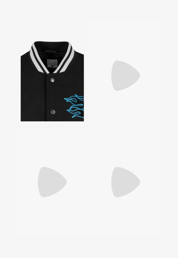 Veste de sport noire avec un col à rayures blanches, fermeture à boutons-pression et broderie de flammes bleues vives sur le côté gauche.; Maillot de style baseball blanc à manches courtes, avec des boutons noirs à l'avant et un lettrage "CORE" en noir, en gras. Présente des accents noirs le long du col.; T-shirt en coton blanc à manches longues avec un col rond, arborant un petit logo jaune et bordeaux sur la poitrine gauche. Poignets et ourlet sans coutures.; Pantalon noir à jambe droite en coton, doté d'une fermeture à bouton et de passants de ceinture. Texture lisse sans motifs ni accents visibles.; Mocassins en cuir noir avec une finition texturée, ornés d'un pompon décoratif et de coutures jaunes contrastantes, sur une semelle épaisse et transparente.