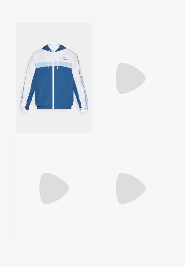 Blue and white zip-up jacket with a hood, featuring a light blue horizontal stripe and logo on the chest. Material has a textured finish.; Men's T-shirt in cotton, featuring a white body with blue and light blue horizontal stripes, round neck, and embossed logo on the chest.; Blue athletic pants with an elastic waistband, drawstring, and white side panels. Features a logo on the upper left thigh. Smooth texture.; Black athletic shoe featuring a textured upper, three horizontal stripes, and a white sole with a patterned tread. Lightweight and streamlined design.