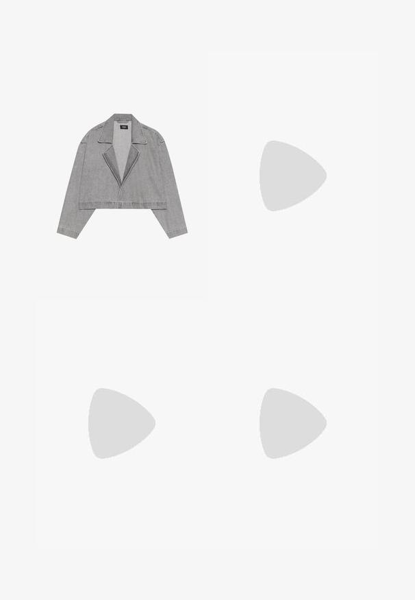 Gray cropped jacket in denim material, featuring a notched collar, open front, and long sleeves. Minimalist design with subtle stitching details.; Black ribbed knit sleeveless dress with a high neckline, fitted silhouette, and a logo accent near the neckline. Smooth texture.; Black and white Nike low-top sneakers feature a smooth leather upper, round toe, lace-up closure, and a patterned rubber outsole.; Black rectangular sunglasses with dark lenses, glossy finish, wide arms, and a chunky frame design. Engraved brand name on one arm.