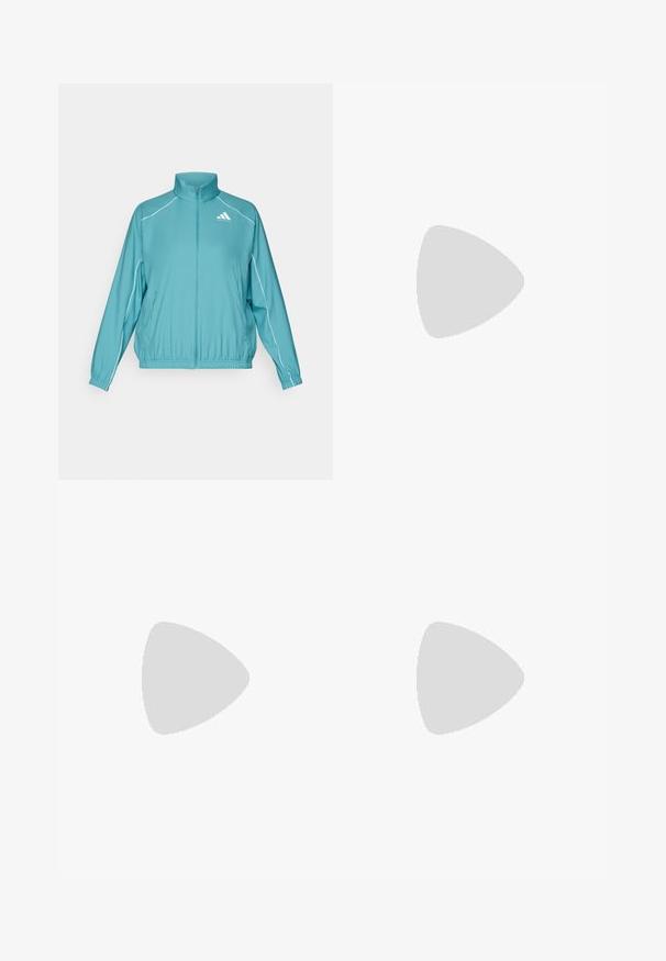 Teal zip-up jacket with a stand collar. Features white piping along the shoulders and a small logo on the left chest. Lightweight material.; Black oversized t-shirt made of cotton, featuring a turquoise abstract pattern and the word "BASKETBALL" in contrasting text below the logo.; Teal athletic pants with elastic waistband, featuring white diagonal stripes on the lower legs and side pockets. Made of lightweight material.; White athletic shoe with mesh upper, three black stripes on the side, textured accents, and a sturdy rubber sole with a contrasting black section.