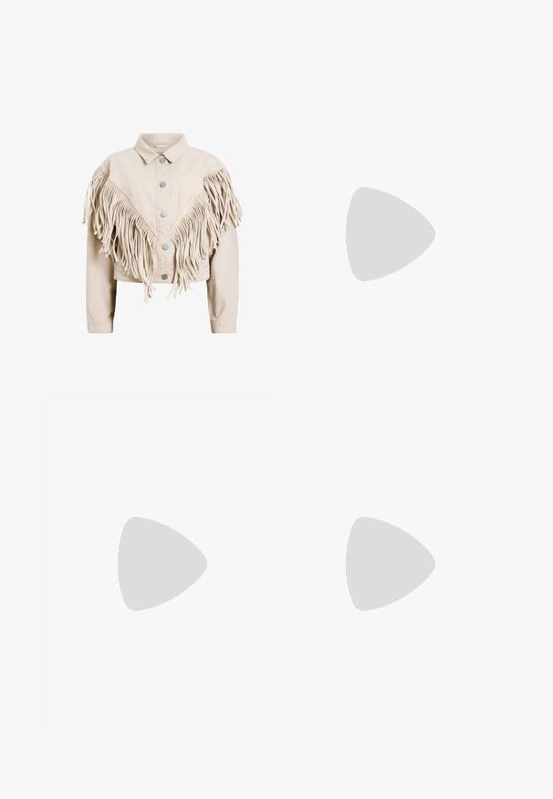 Beige denim jacket with long fringe detailing across shoulders and front, featuring silver metal buttons and a cropped fit.; Red halter-neck crop top with a V neckline and gathered detail at the bust. Made from smooth fabric, fitted design accentuates the waist.; Leopard print wide-leg jeans in brown and tan. Made from denim, featuring a classic five-pocket design and metal hardware accents.; Black leather sandals feature a wide toe strap, two adjustable buckle straps, and a thick, ridged, platform sole for stability.; Pilgrim UNFOLD - Necklace - gold