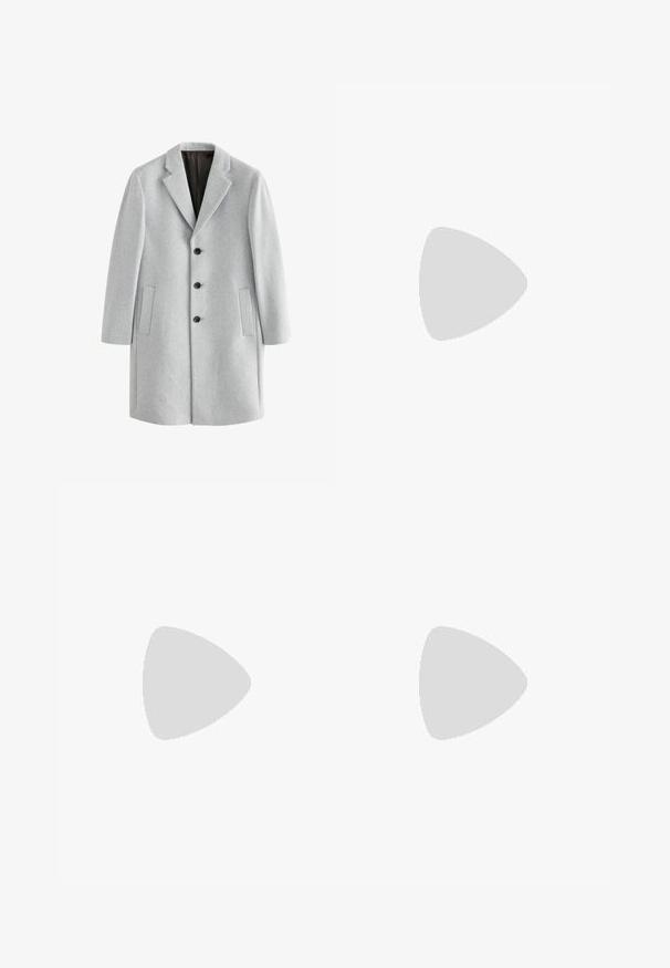 Lysegrå uldfrakke med spidse kraver, fire sorte knapper og to sidelommer. Glat tekstur med en skræddersyet pasform.; Lys grå polo sweatshirt lavet af blødt stof, med en knaplukning, ribbede manchetter og broderet branding i guld nær brystet.; Hvid bomulds T-shirt med rund halsudskæring, korte ærmer og en afslappet pasform. Har et enkelt design uden mønstre eller dekorationer.; Lyse lilla bukser med lige ben-design, der har to forlommer og dekorativ syning. Fremstillet af slidstærk bomuldsstof.; Sorte ruskinds sneakers med hvide snørebånd og tre hvide striber. Har et rundt sort logo på tungen og en gummigummisål.