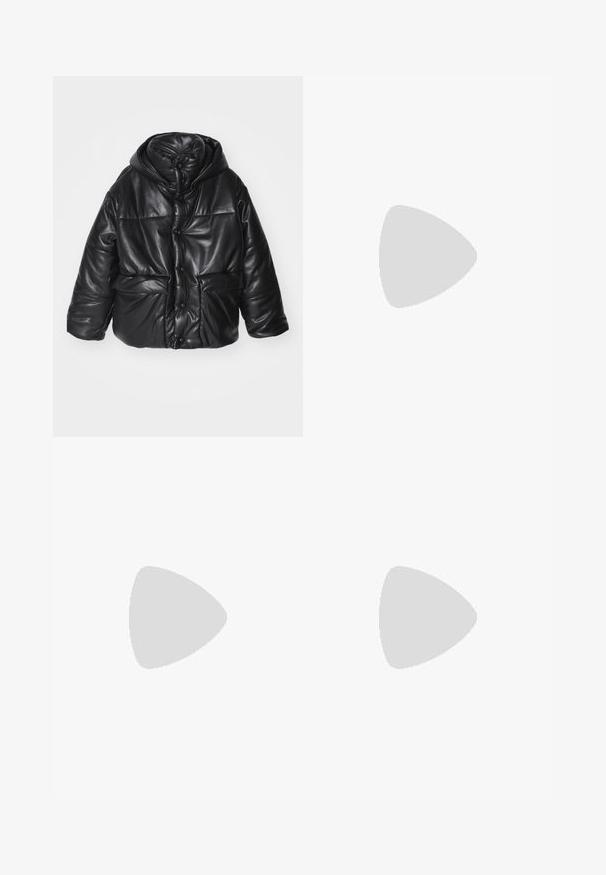 Must must jacket kunstnahast, kapuutsiga, millel on nusibuttonid, kaks esikotti ja läikiv tekstuur.; Valge puuvillane t-särk lühikeste varrukatega, ümmarguse kaelusega ja must trükitud logo vasakus rinnapiirkonnas. Sile tekstuur, mugav disain.; Mustad kunstnahk serveerib laia jala pükse, millel on kõrge vöökoht, esine nööpkinnitus ja õrn sära. Sile tekstuur, mitmekesine disain.; Pruunid nahast ankle saapad roheliste kanga aktsentidega, kummist varvasetootja, ümmargune varvas ja robustne profiiliga tallad. Paeltega disain metallist silmadega.