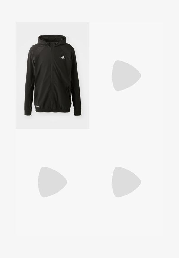 Zwarte sportjack met een rits aan de voorkant, capuchon, textuur op de schouderpanelen, elastische boorden en een reflecterend logo. Gemaakt van lichtgewicht materiaal.; Zwarte half-zip pullover van zacht materiaal, met een hoge kraag, raglanmouwen en een subtiel logo op de borst.; Zwarte sportbroeken met een elastische tailleband, taps toelopende benen en een wit logo op de zijkant. Gemaakt van lichtgewicht, duurzaam materiaal.; Sportschoen in grijs en wit, gemaakt van synthetisch materiaal, met een gestroomlijnd ontwerp, textuurafwerking en een opvallend vetersysteem.