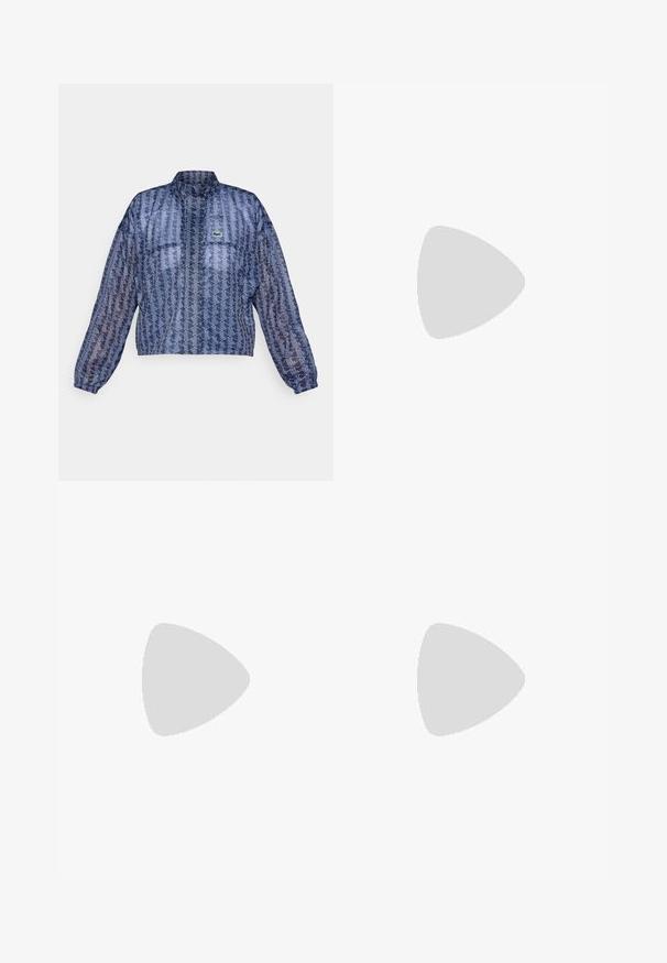Cropped, translucent jacket in navy with a geometric white pattern. Features a stand collar and elastic cuffs; includes a green logo.; Navy long-sleeve polo with a zip neck. Features ribbed texture and a small green and red logo on the left chest.; Navy blue athletic shorts with a ribbed waistband and pleated hem, layered over light blue bike shorts for added coverage.; ASICS GEL RESOLUTION X - Multicourt tennis shoes - white pure silver