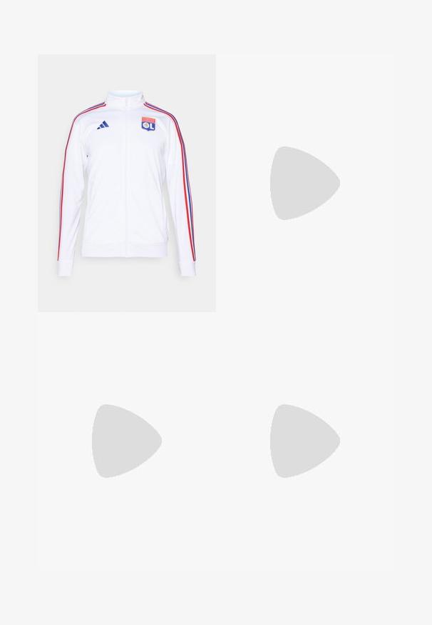 Hvit idrettsjakke med glidelås, med røde og blå striper på ermene, og logoen til Olympique Lyonnais på brystet. Laget av syntetisk materiale.; Hvit polo skjorte med svarte striper, med knappert krage og brodert klubblogo med gullaksenter på brystet.; adidas Performance TECH APP - Joggebukse - dark blue/glow blue; Lette løpesko i lys blå med svarte striper. Har en myk overdel, rund tå og tykk hvit mellomsole merket "LIGHTSTRIKE PRO."