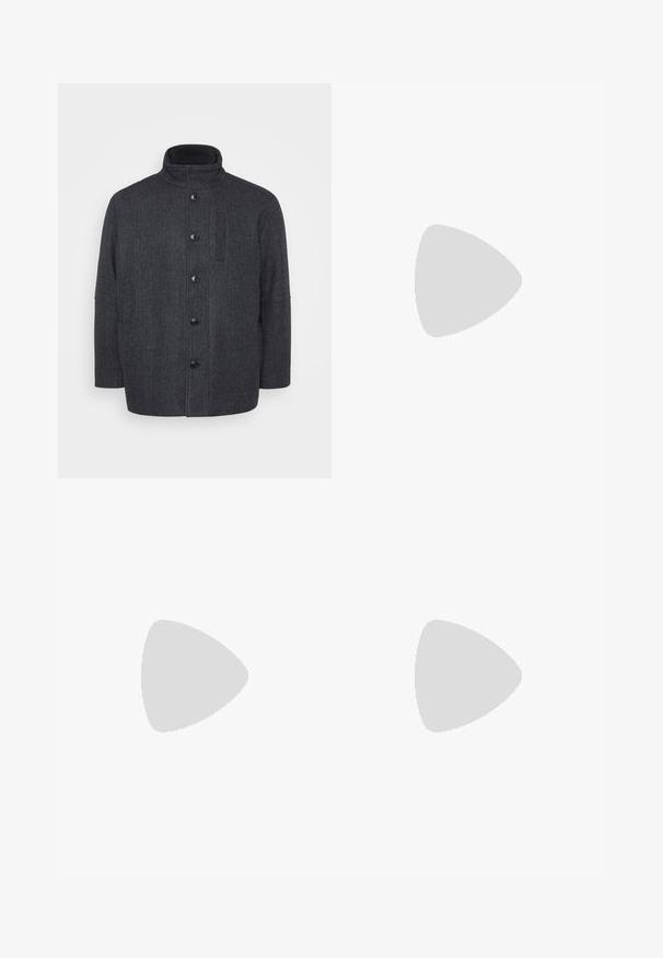 Dark grey wool coat with a herringbone pattern, high collar, front button closure, and side pockets. Features a straight-cut design.; Black turtleneck sweater made of a soft knit material. Features long sleeves, ribbed collar, and hem. Simple, sleek design without patterns.; Black cargo pants with an elastic waistband, side pockets, and snap button accents. Made of lightweight, smooth fabric.; Black leather Chelsea boots with elastic side panels and a pull tab. Rounded toe and flat rubber sole, showcasing a smooth finish.