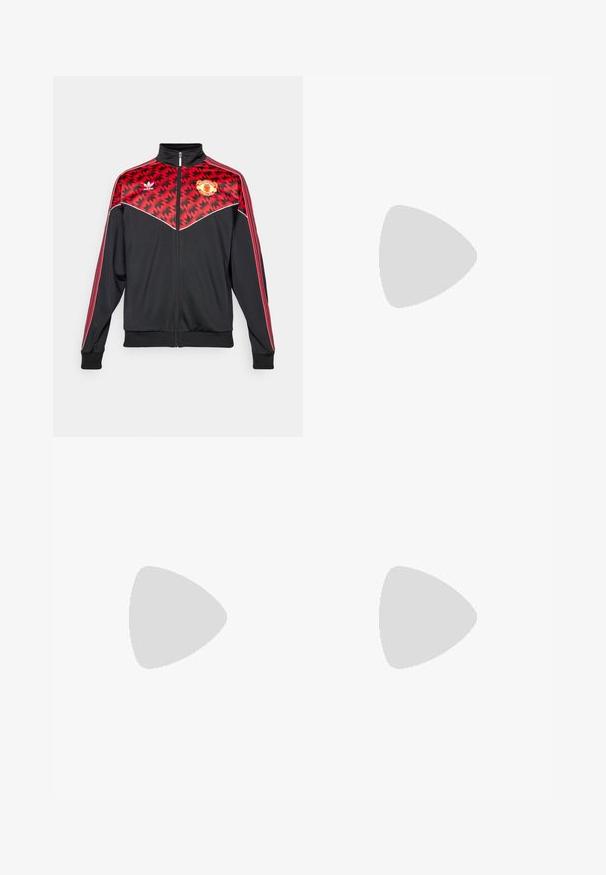 Black zip-up jacket with red geometric pattern, white accents, and Manchester United logo. Features a high collar and three-stripe sleeves.; White short-sleeve t-shirt featuring black side accents and three black stripes on shoulders. Includes small black logo on chest.; Black athletic pants with an elastic waistband, featuring red side stripes, a Manchester United logo, and an Adidas emblem in white.; White and black sneakers with red accents, featuring a suede and leather upper, three black stripes, flat laces, and a textured rubber sole.