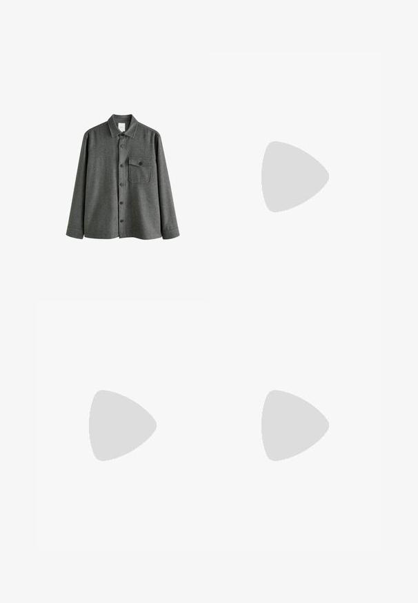Camisa gris de botones hecha de una tela texturizada. Presenta un cuello puntiagudo, mangas largas y un bolsillo en el pecho con cierre de botones.; Camisas de manga larga en blanco y negro con cuellos puntiagudos, botones frontales y una textura de tela suave. Etiquetas visibles en el interior del cuello.; Pantalones de mezclilla negra con corte recto, diseño de cinco bolsillos y cierre frontal con botón. Textura suave con detalles de costura mínimos.; Zapato de loafer negro con un acabado mate y suave, que presenta una punta redondeada y una suela gruesa y texturizada. Destacado con una correa frontal.