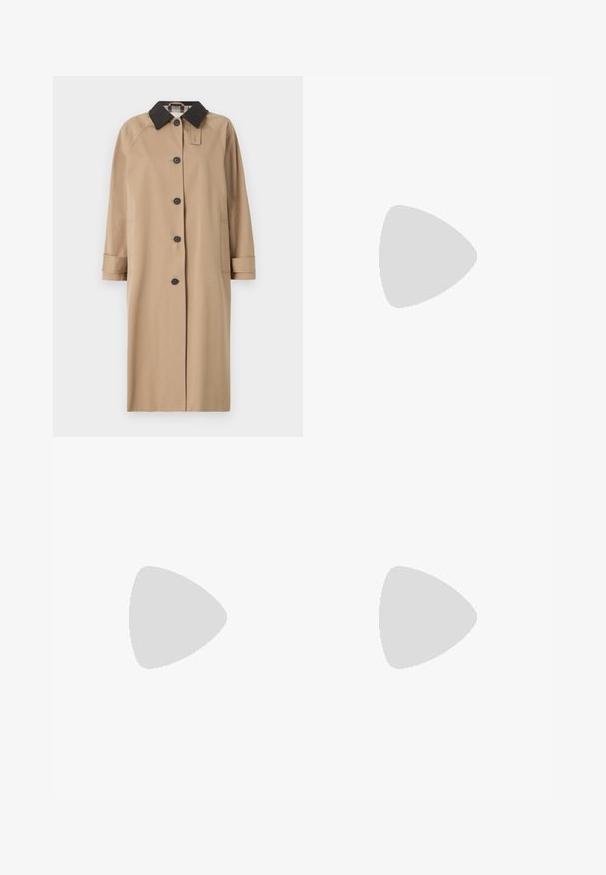 Manteau beige avec un col noir, fermeture à boutons à l'avant, manches longues et poches latérales. Tissu lisse, design longueur genoux, style minimaliste.; GANT CABLE - Pullover - cream; Pantalons taillés beiges en tissu doux, dotés d'un devant plat, de passants de ceinture et de deux poches latérales ; coupe slim avec un design à jambe droite.; Ballerines slingback rose pâle avec un bout pointu, fabriquées en un matériau semblable au cuir lisse. Présentent des découpes sur les côtés et un talon plat.