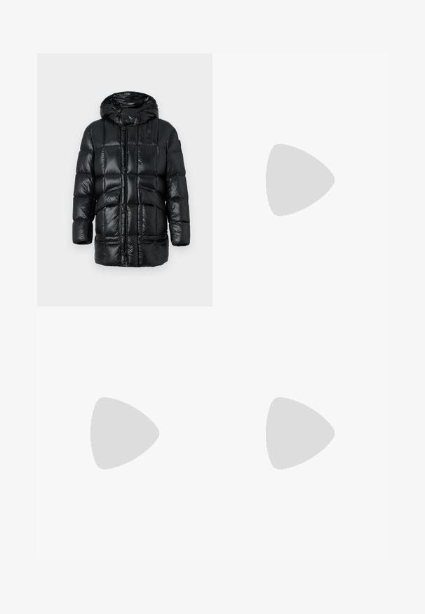 Black puffer jacket with a shiny, quilted finish, featuring a hood, front buttons, and two side pockets. Materials appear lightweight and insulated.; Black button-up shirt with a collar, single chest pocket, long sleeves, and a straight hem. Made from textured fabric.; Black cargo pants made of lightweight fabric, featuring a relaxed fit, two large side pockets, and a button closure.; Lacoste sneakers in dark gray with mesh and synthetic material, featuring a textured sole and brown accents on the collar and branding.