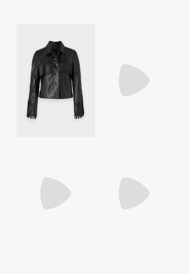 Black leather jacket featuring fringe details on the chest and sleeves, with a classic collar and five button closures.; Black short-sleeve t-shirt made of soft cotton. Classic round neck design with a simple, unembellished surface and a relaxed fit.; 3x1 AIME WIDE LEG - Wide Leg - interstellar; Black patent leather ankle boot with a chunky platform and high block heel. Features a silver chain accent on the side. Smooth texture.