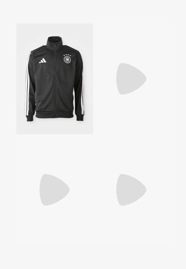 Chaqueta deportiva negra hecha de tela suave, con acentos de tres rayas blancas en las mangas, un cuello alto y un logo de fútbol alemán con estrellas.; Camiseta deportiva de manga larga blanca, fabricada con material suave, que presenta un logo negro de Adidas en el pecho; diseño de cuello en V y forma ajustada.; Pantalones deportivos de color azul marino con franjas laterales blancas, hechos de un tejido suave, con un corte ajustado y una cinturilla elástica para mayor comodidad.; Zapatillas deportivas blancas con una parte superior de malla texturizada, suela acolchada y soporte, y un diseño de tres rayas en el lateral.