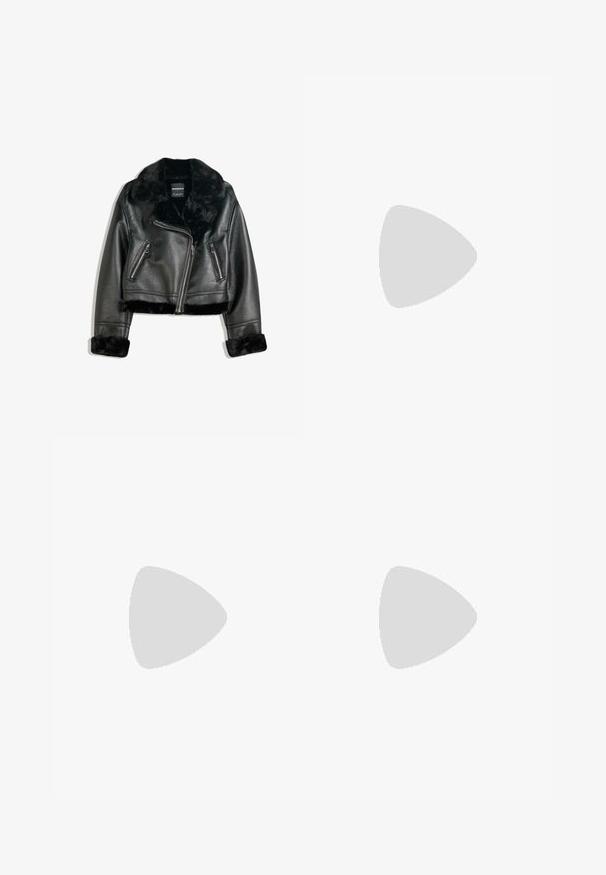 Black faux leather biker jacket with plush fur collar, cuffs, and hem, featuring diagonal zipper and two zippered front pockets.; Brown, high-neck one-piece swimsuit with thin, adjustable straps; features a high-cut leg and smooth texture. No patterns or embellishments.; Black, lightweight wide-leg pants with an elastic waistband and drawstring. Smooth texture, no visible patterns or hardware.; Bershka High heeled sandals - black